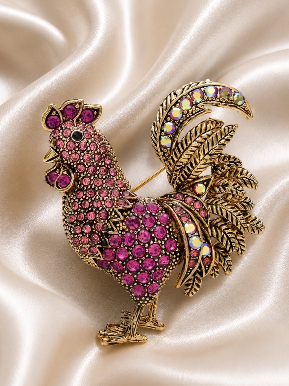 Anthropologie Gold-Tone Rooster Brooch with Hot Pink Crystals